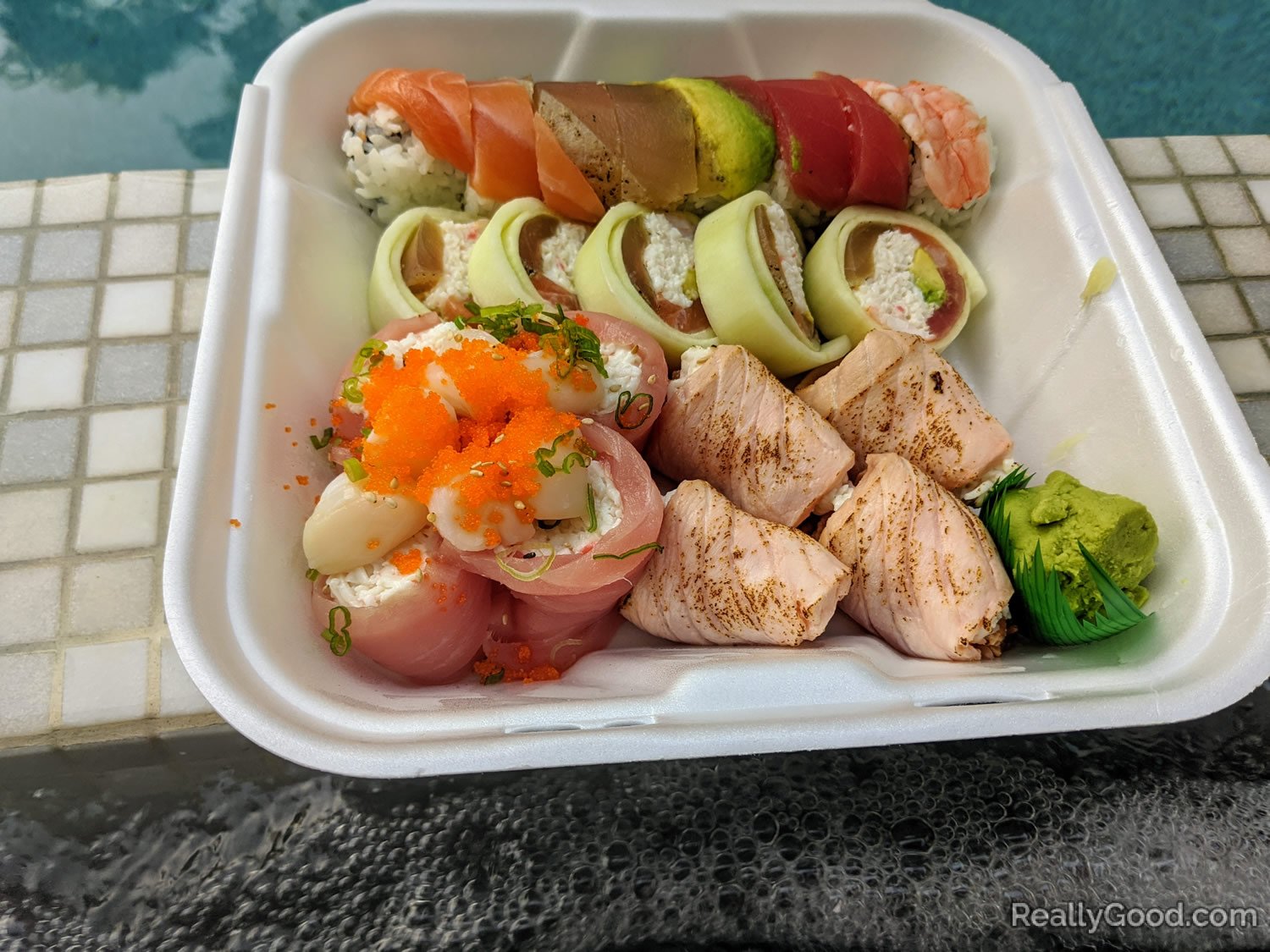 Eating sushi in the pool