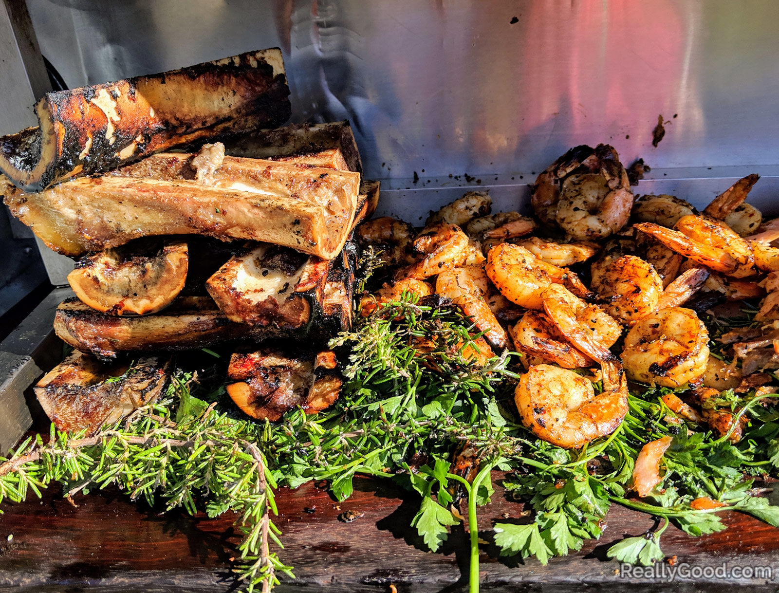 Grilled bone marrow and shrimp