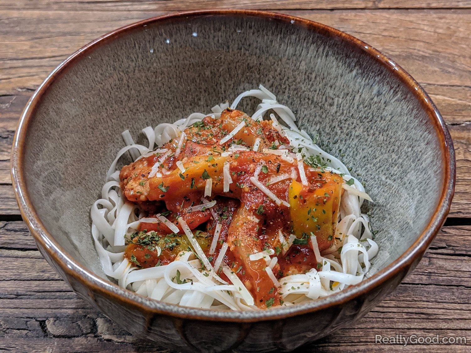 Roasted vegetables on pasta