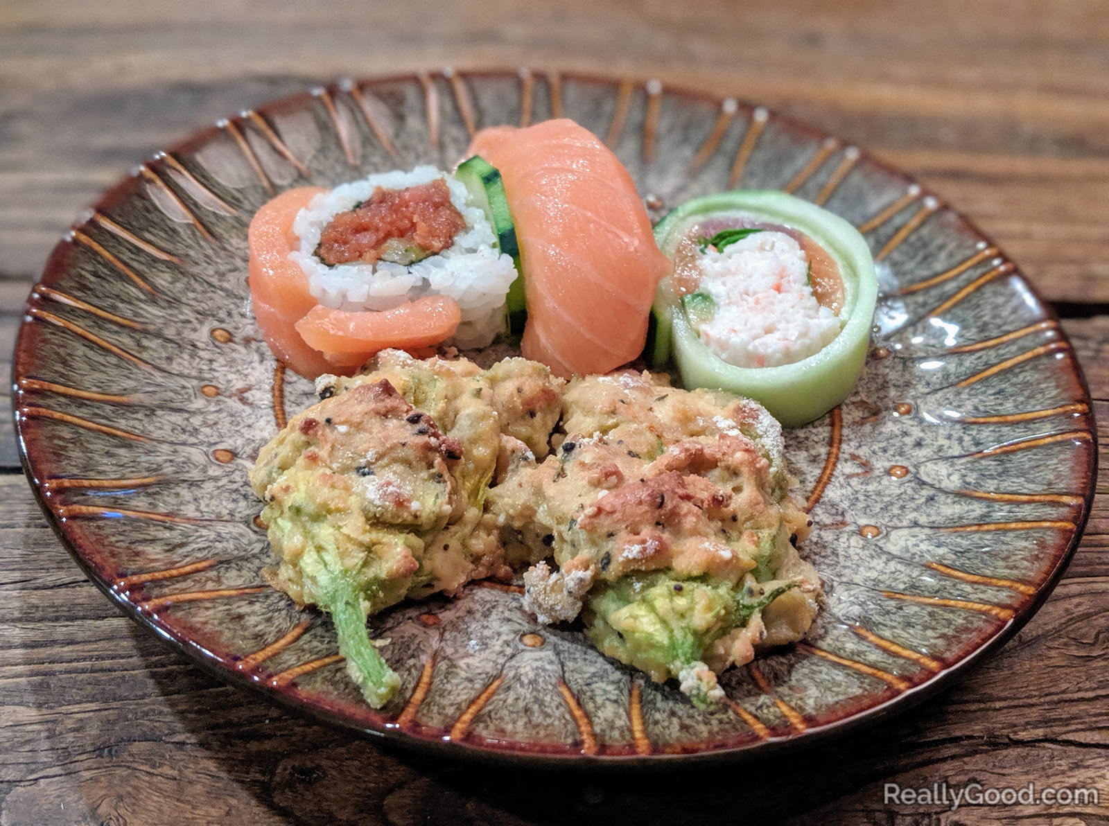Sushi and stuffed squash blossoms
