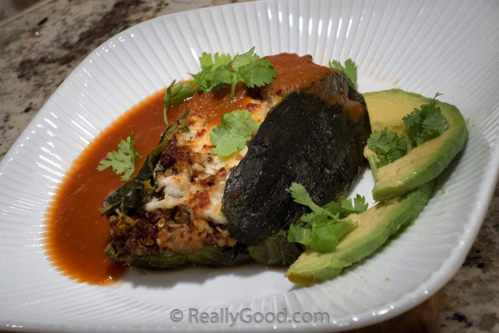 Chile Relleno stuffed with quinoa and cheese